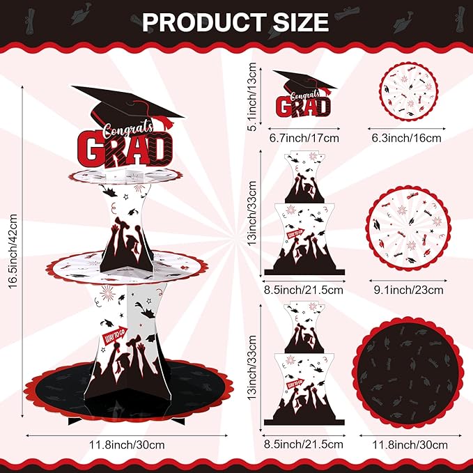 Nuenen 2 Pcs Graduation Cupcake Stand 3 Tier Black Graduation Cupcake Holder Class of 2026 Congrats Grad Cake Holder Dessert Tower for Grad Party Decorations Supplies Favors(Red)