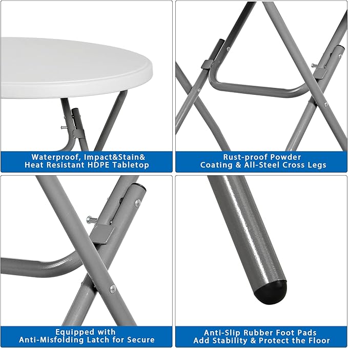 32" Round Folding Table Plastic Card Table Circle Dining Table Heavy Duty Portable w/Handle for Picnic Party Camping Dining Wedding Event Indoor Outdoor Lightweight White