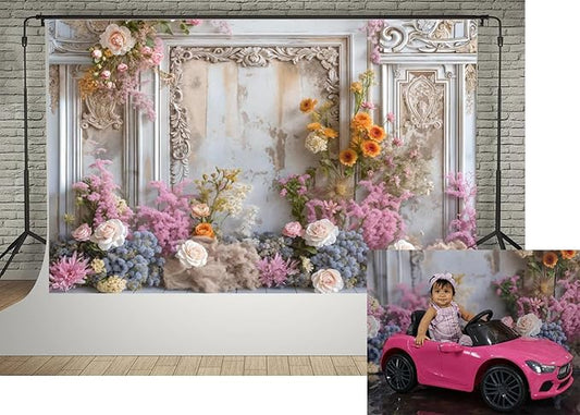 Kate 7x5ft Frame Style Retro Wall Wedding Portrait Photography Backdrops Colorful Fresh and Dried Flowers Romantic Sweetheart Birthday Photo Background