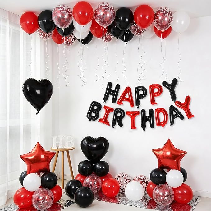 Red and Black Birthday Decorations for Boys,Black Red Star Heart Foil Balloons Black Red Happy Birthday Banner Happy Birthday Decorations for Men Women