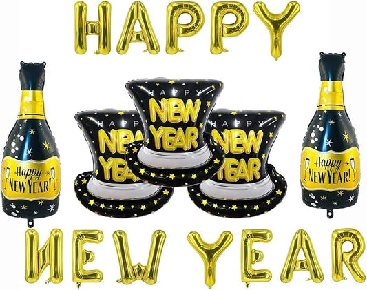 New Year Balloons Gold Happy New Year Foil Balloon Letter Hat Champagne Bottle Balloons for Hat Themed Party Decoration Supplies Birthday Decor Ballons Arch Kits Party Balloon Set 17pcs