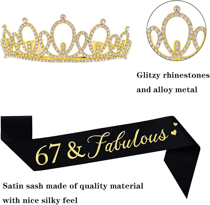 Happy 67th Birthday Tiara and Sash Gifts Crystal Rhinestone Princess Crown Birthday Women Party Favor Supplies Gold Crowns Black Sash