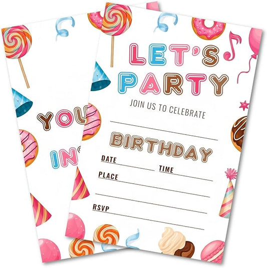 Sweet Candy Birthday Party Invitations, Let's Party Candyland Invites with Envelopes, 25 Pcs 4x6 Inch, Candy Donut Balloons Macarons, Childlike Bright Colors (Colorful Pattern)