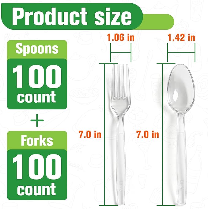200 Count Plastic Silverware Heavy Duty,Clear Plastic Forks and Spoons, 100 Spoons & 100 Forks,BPA-Free,Heat Resistant Disposable Cutlery Utensil Set for Catering & Events, Daily Use
