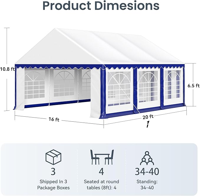 PHI VILLA 16x20 Outdoor Heavy Duty Party Tent, Large Party Canopy Wedding Event Tent with Removable Sidewalls & 3 Storage Bags for Patio Outdoor Garden Events, Blue