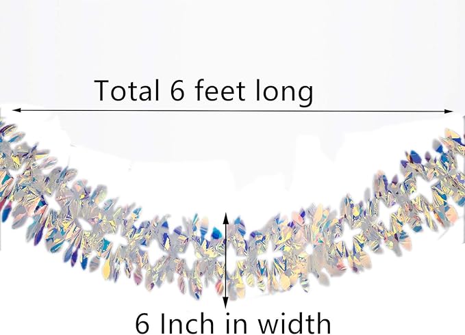Iridescent Hanging Decorations Garland, 6ft Long Roll Shiny Foil Metallic Banner for Christmas, Bridal Shower, Wedding, Birthday, Frozen Theme Party, Fairy Princess Rainbow Show Decoration