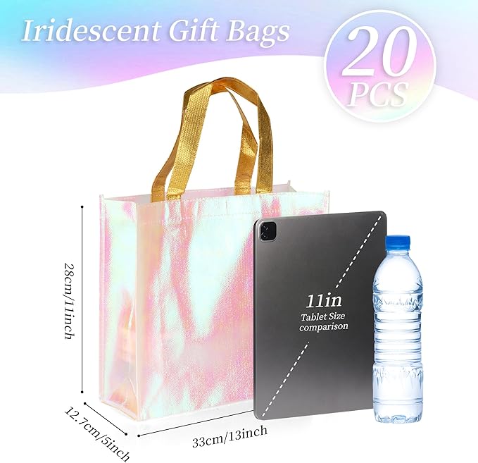 GouZaak 20 Pack Iridescent Gift Bags, Holographic Reusable Party Favor Gift Bags With Handles, 13 x 5 x 11 Inch Large Size Pink Bridesmaid Tote Bags, For Wedding Birthday Holiday