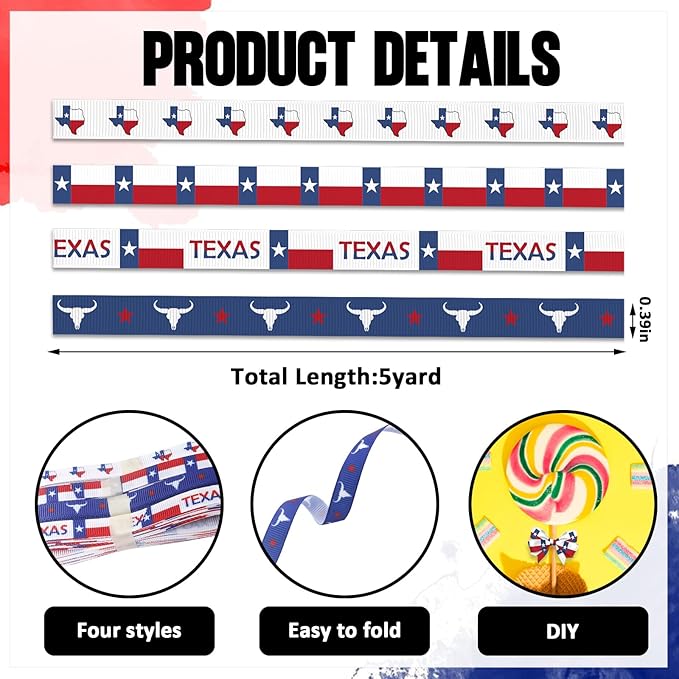 4 PCS Texas Ribbons for Crafting, 3/8" Width Red Blue Stripes Stars Ribbon TX Map Craft Ribbons for Gift Wrapping DIY Sports Birthday Decorations-10 Yards
