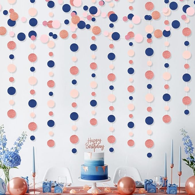 Outus 5 Pieces Blue,Pink,Rose Gold Round Dots Garland Graduation Party Hanging Decor Each Length 13.1ft Glitter Paper Dot Streamers for Birthday Wedding Classroom Supplies