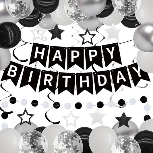 ZHENGYE Black Birthday Party Decorations Set: Happy Birthday Banner, Circle Dots, Stars Swirls Streamers, Black, White & Silvery Balloons, Confetti Balloons