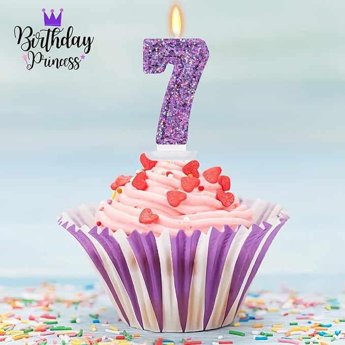 Deep Purple Glitter Birthday Candles for Girls - Number 7 Candle Cake Topper for Kpop Themed Birthday Party Decorations