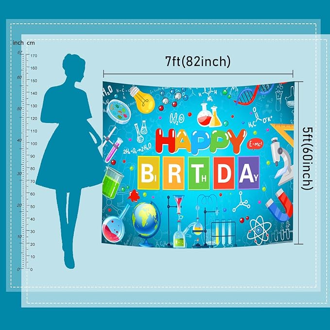 Mocsicka Science Theme Birthday Backdrop Chemical Laboratory Mad Sciencist Happy Birthday Party Decorations Banner for Boys Chemical Science Photography Background (Cyan, 10x8ft(120"x96"))