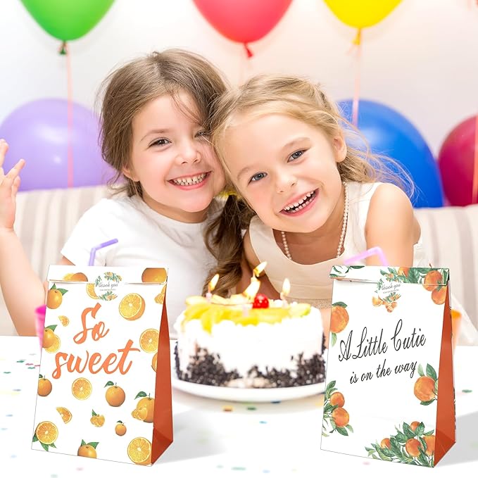 20Pcs Little Cutie Party Treat Bags with Stickers, Orange Theme Party Favor Candy Bags Kraft Paper Gift Bags, Hey Cutie Candy Goodie Bags for Baby Shower Birthday Party Summer Party Supplies