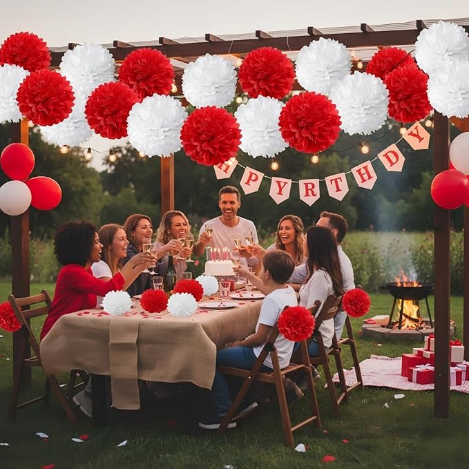 Red and White Paper Pom Poms (12 Pack) - Hanging Tissue Flowers for Baby Shower Wedding Valentine's Day Engagement Birthday Party Ceiling Decorations