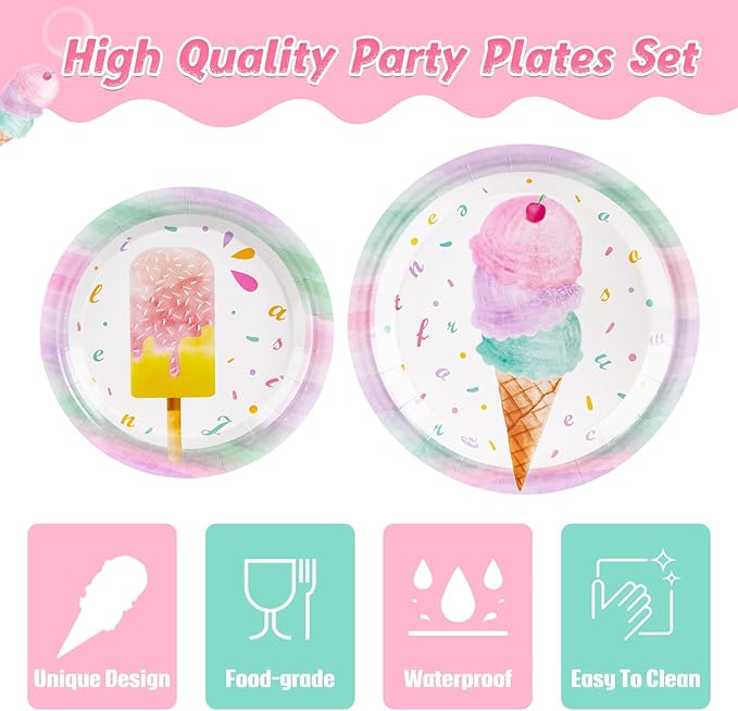 WERNNSAI Ice Cream Party Supplies - 96 PCS Ice Cream Plates Napkins and Forks Pink Popsicle Themed Party Tableware Decorations for Girls Birthday Pool Summer Baby Shower Serves 24 Guests