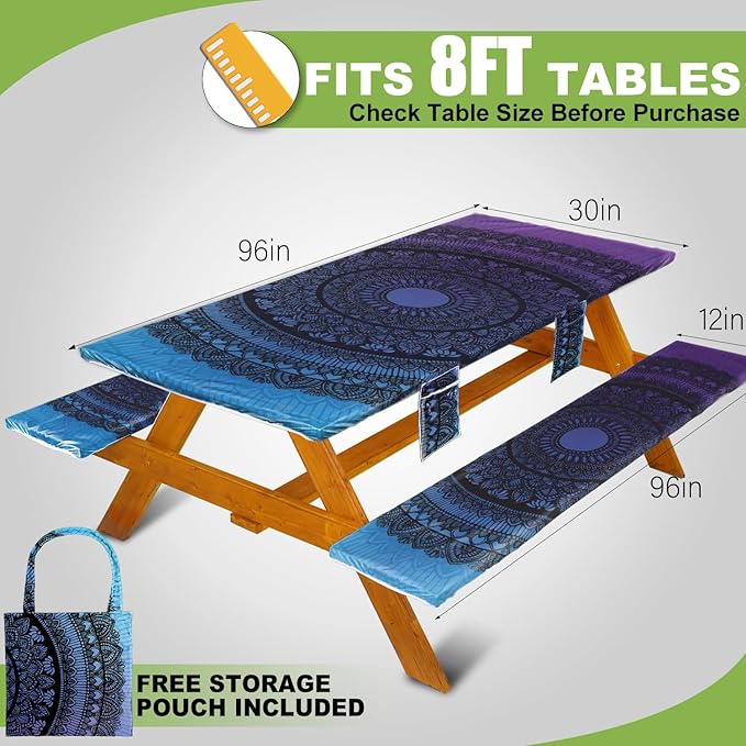 Picnic Table Cover with Bench Covers Vinyl Elastic Edges Fitted Rectangle Seat Tables Waterproof 3-Piece96X30in Set Outdoor Rectangular Folding Backing Tablecloth for Camping Over Size