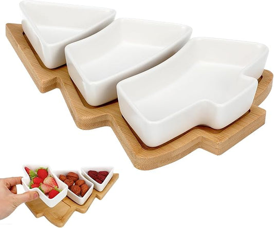 DOITOOL Christmas Serving Dish Ceramic Christmas Tree Platter with Wooden Base Xmas Serving Tray for Appetizer Candy Dessert Nuts Fruit Snack 10.6 x 7.5 Inch