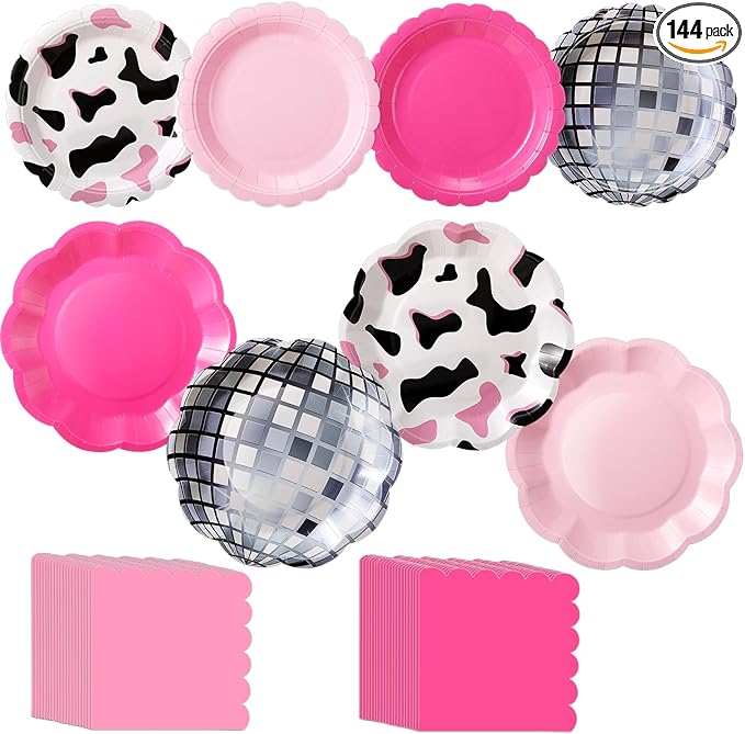 144 Pcs 48 Guests Cowgirl Party Plates and Napkins Sets Western Paper Plates and Napkins Pink Disco Disposable Tableware for Rodeo Birthday Bachelorette Western Wedding Tea Party Supplies