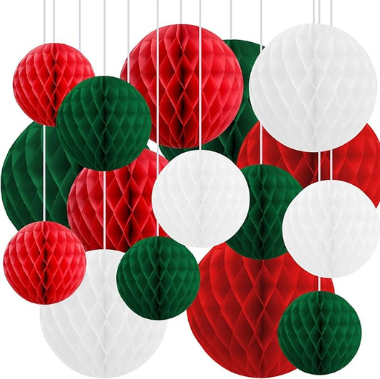 16 Pack Tissue Paper Honeycomb Balls, Poms Birthday Baby Shower Wedding Decorations (Red Green Shade)