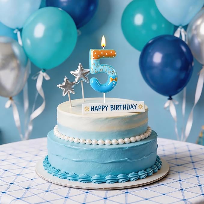 Number 5 Birthday Candle for Cake – Blue Cartoon Outfit Style with Bow Tie, Question Mark & Star Pattern – Fun Cake Topper Decoration for Celebration