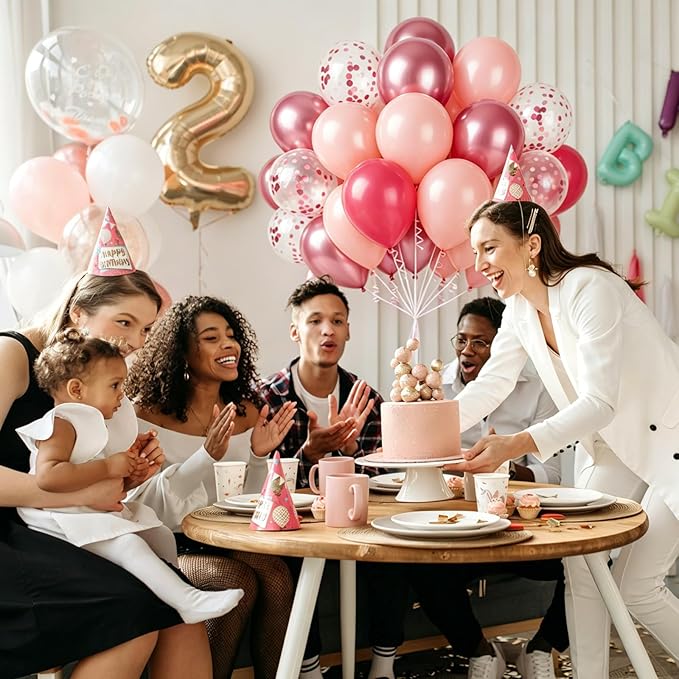 Metallic Pink Hot Pink Balloons and Pink Confetti Balloon, 60 Pcs 12 Inch Latex Confetti Metallic Balloons with 1 Ribbon, for Birthday Wedding Bridal Shower Party Decorations