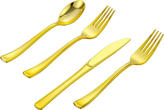 400PCS Gold Plastic Silverware, Gold Disposable Utensils, Heavy Duty Cutlery Set Includes 200 Forks,100 Knives,100 Spoons, Flatware for Party Wedding