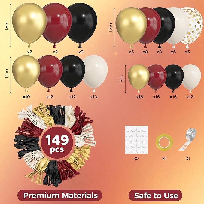 Ouddy Party 149Pcs Burgundy and Gold Balloon Garland Kit Different Sizes 18 12 10 5Inch, 6Pcs 18” Metallic Black Gold Confetti for Graduation Balloons Class of 2026 Decorations Birthday Party Decor