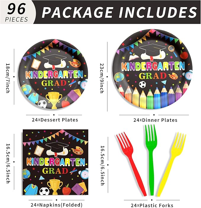 96 Pcs Kindergarten Graduation Paper Plates and Napkins Disposable Pre-K Grad Party Supplies Decorations Tableware for 2026 Preschool Kindergarten Graduation Party Supplies