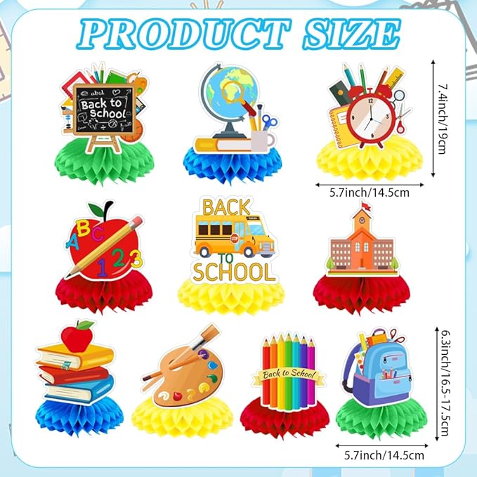 10 Pcs Back to School Decorations, First Day of School Table Toppers Honeycomb Ornaments Centerpieces, Schools Bus Pencil for Classroom Table Decoration Kids Welcome Back to Schools Party Supplies