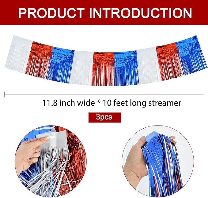 BEISHIDA 3 Packs Metallic Foil Fringe Garland Red White Blue Wall Hanging Tinsel Fringe Banners for Floats Birthday 4th of July Memorial Day Patriotic New Year Party Decoration(30 Feet)