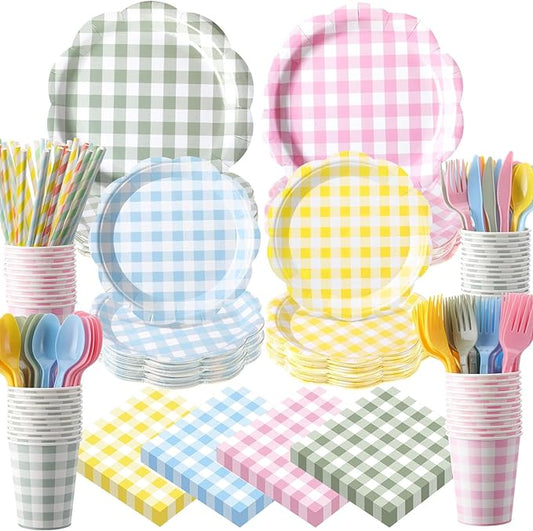 450 Pcs Gingham Tableware Set Decorations Pastel Plaid Paper Plates Napkins Cups Cutlery Straws Checkered Dinnerware Set for Easter Baby Shower BBQ Picnic Birthday Party Supplies, Serves 50
