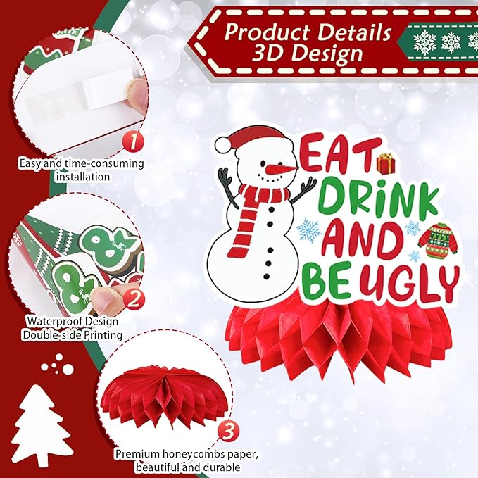 JULMELON 8PCS Ugly Sweater Party Decorations Honeycomb Centerpieces, Ugly Sweater Christmas Party Centerpieces for Tables Ugly Sweater Table Decor 3D Table Toppers for Christmas Winter Party Supplies