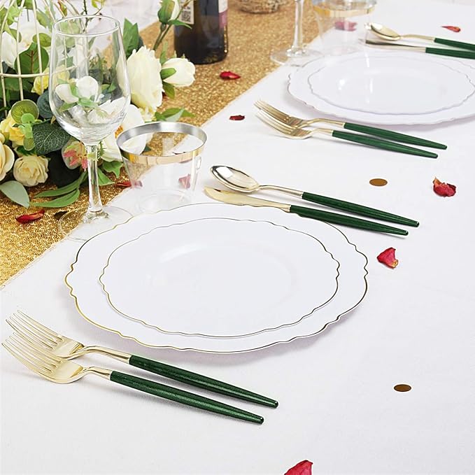 Supernal 180pcs Gold and Green Plastic Silverware Extra Heavy Duty Gold Plastic Cutlery with Green Glitter Handle Disposable Flatware for Parties, Weddings, and Outdoor Events
