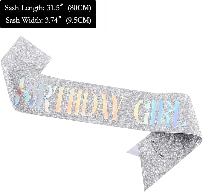 Birthday Sash for Girl, Dazzle Foil Letter Glitter Silver Birthday Sash for Women Girl Kids Teenager Bday Gifts Party Favors Photo Prop