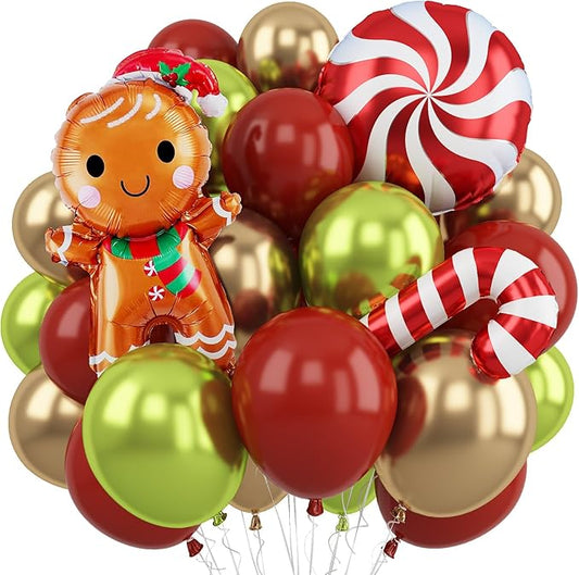 Red and Green Christmas Balloon, 12'' Retro Maroon Ruby Red Metallic Gold Pastel Green Xmas Latex Balloons with Candy Cane Gingerbread Man Foil Balloon for Merry Christmas Party New Year Decorations