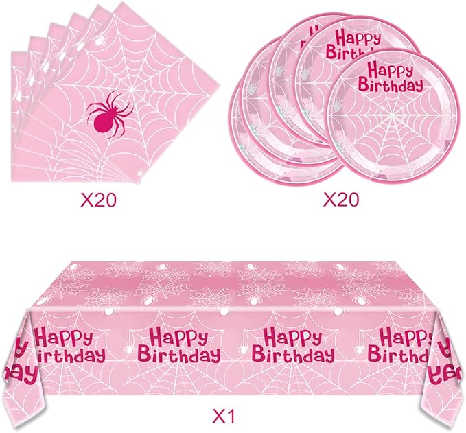 Pink Spider Party Tableware, Spider Pink Ghost 20 Plates 20 Paper Napkins and 51''x86'' Tablecloth，Super Girl Birthday Party Supplies