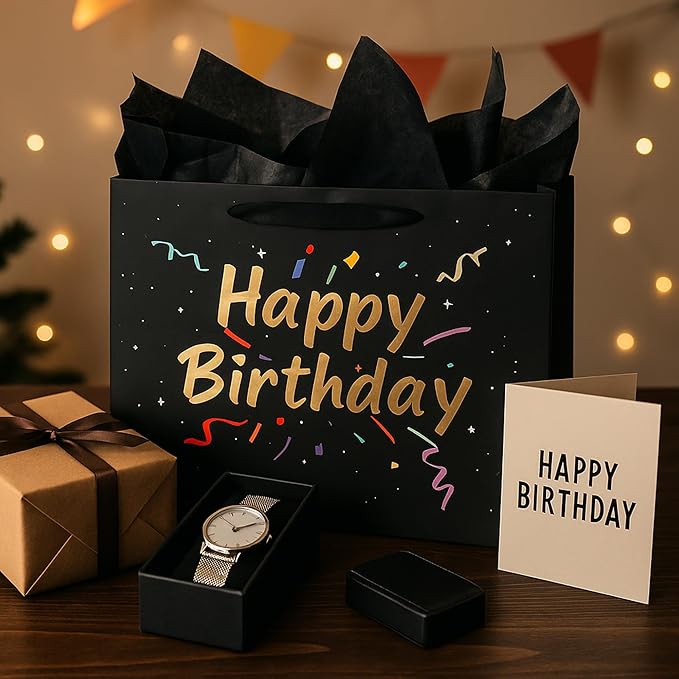 Febbleshow Black Birthday Gift Bags with Tissue Paper - Matte Finish with Gold Foil Lettering and Confetti Design - Birthday Party Gift Bag for Men Women Kids - 13"x10.3"x4.7" (Pack of 2)