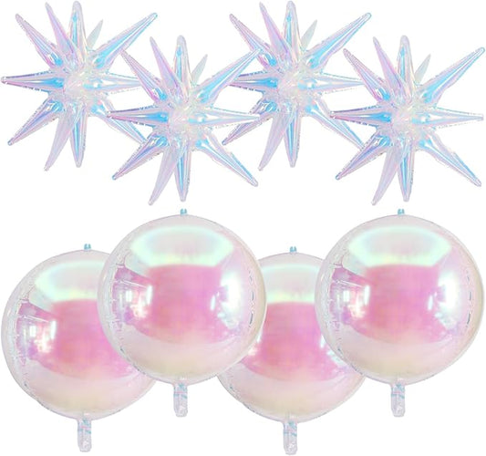 TONIFUL 8Pcs 22Inch Iridescent Large 4D Giant Round and Star Balloons Explosion Star Mylar Balloons Set for Backdrop Christmas New Year Birthday Wedding Bridal Shower Anniversary Photo Booth Supplies