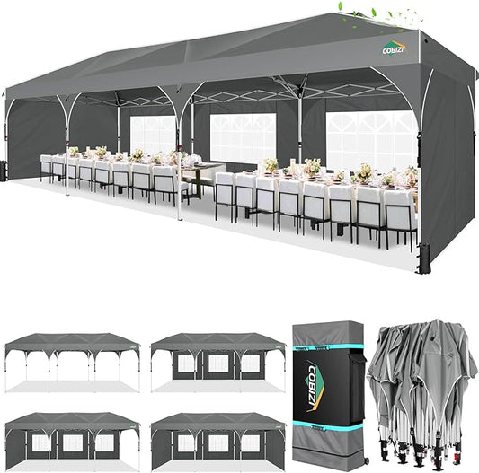 COBIZI 10x30 Party Tent: 10x30 Pop Up Canopy with Wheeled Bag - Tents for Parties with Patented Center-Lock Tech, 420D Waterproof Fabric, Easy Setup Canopy Tent with Removable Sidewalls, (Gray)