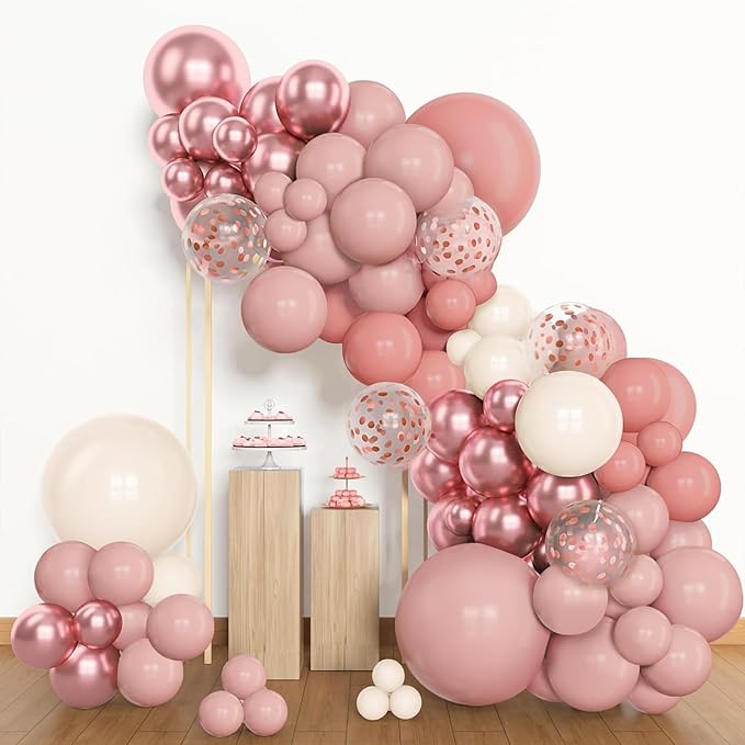 Archloon 156pcs Dusty Pink Balloon Garland Arch Kit, Different Sizes 18 12 10 5 inch Pink White Sand Metallic Confetti Pink Balloons for Girl Baby Shower Birthday Boho Party Decorations