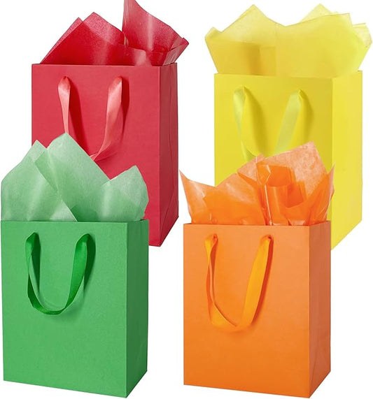 MOXARYSU 4 Pcs Medium Gift Bags: 8x5x10 Inches Gift bags With Handles Party Favor Bags With 8 Tissue Paper For Party,Birthday,Baby Shower,Wedding（Red+Orange+Yellow+Green）