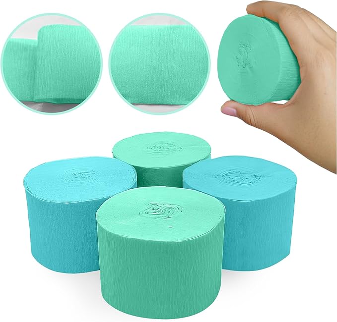 4 Crepe Paper Streamers Rolls, 328ft Pack of Mint Green and Blue Crepe Paper for Wedding Ocean Theme Engagements Birthday Party Decoration Supplies (1.8 inch x 82 ft/Roll)