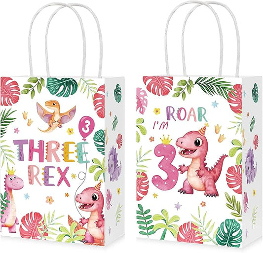 Greencian 16Pcs Pink Dinosaur 3rd Birthday Party Favor Bags 3 Rex Dinosaur Candy Treat Gift Goodie Bags with Handles Three Year Old Birthday Decorations for Girls 3 Year Old Party Favors Supplies