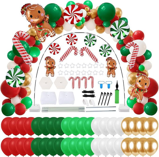 Christmas Balloons Garland Arch Kit Red Green White Golden Balloon Column Stand with Candy Cane Gingerbread Man Aluminum Foil Balloon For Classic Xmas Holiday Birthday Baby Shower Party Decorations