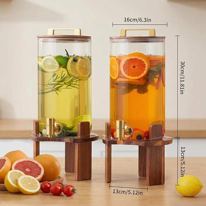 2 PCS 1.5 Gallon Glass Drink Dispenser, Beverage Dispenser With Wood Stand, Lid and Stainless Steel Spigot, Large Water Dispenser for Parties, Perfect for Lemonade, Juice, Tea and Daily Drinks
