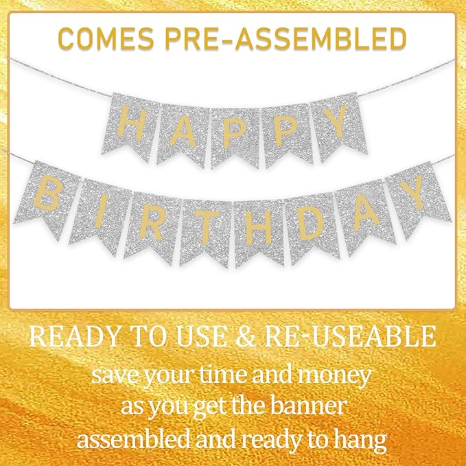 Silver Happy Birthday Banner - 16 ft Pre-Strung Gold & Silver Birthday Party Decorations Sign for Girls, Boys, Kids, Women - No DIY Hanging Backdrop for Indoor & Outdoor Celebrations