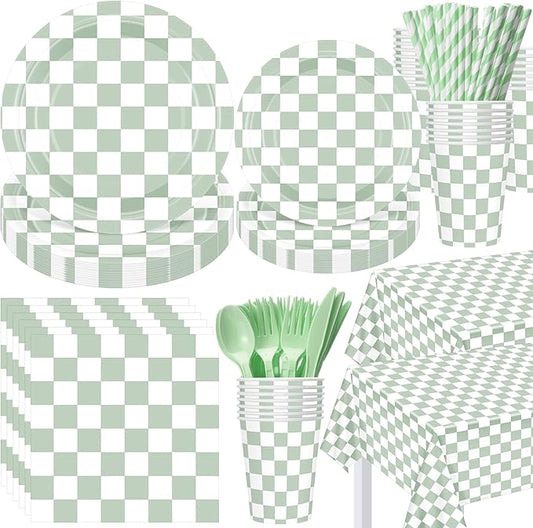 Funnymoom 452 Pcs Sage Green Gingham Party Supplies for 50, Light Green and White Checkered Gingham Paper Plates Napkins Cups Tablecloth Cutlery Straw for Picnic Birthday Baby Shower Decoration