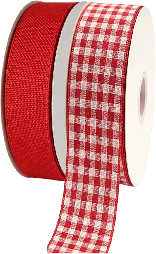 Buffalo Plaid Burlap Wired Ribbon, Tartan Check, Farmhouse Style, for Gift Wrapping, Christmas, Wedding Decorations (Red/Solid/Check, 1.5 Inch)