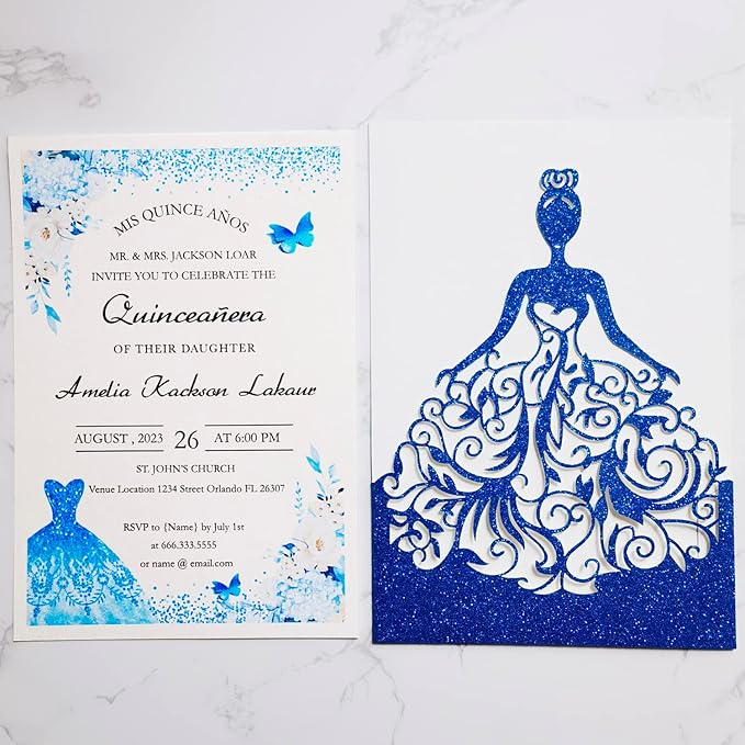 5 x7.3 Inch 20PCS Royal Blue Quinceanera Invitations Cards, Sweet 16 Laser Cut Girl Princess Invitation Card Kit with Envelopes for Wedding, Party, Quinceañera, XV Años, Mis Quince (Royal