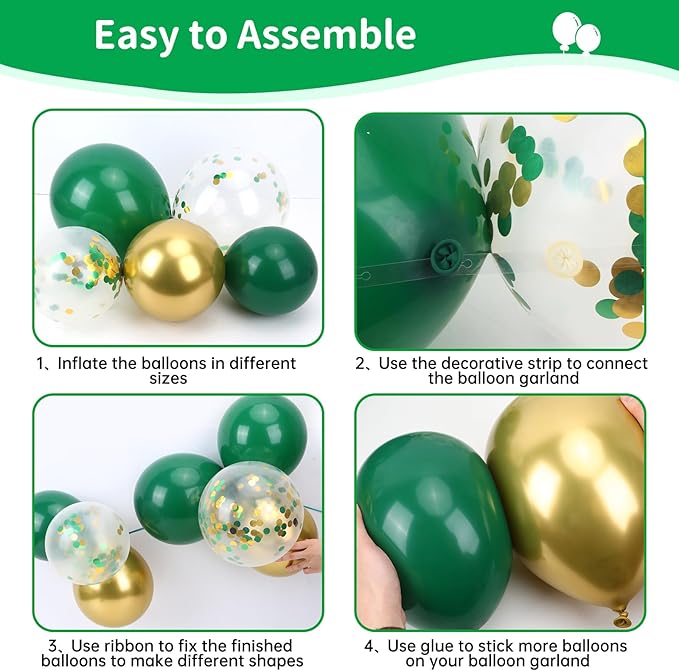 RUBFAC Green and Gold Balloon Garland Arch Kit, 140pcs Graduation Decorations Latex Balloons, Dark Green Gold Confetti Star Balloon for Birthday Wedding New Year Party Decorations